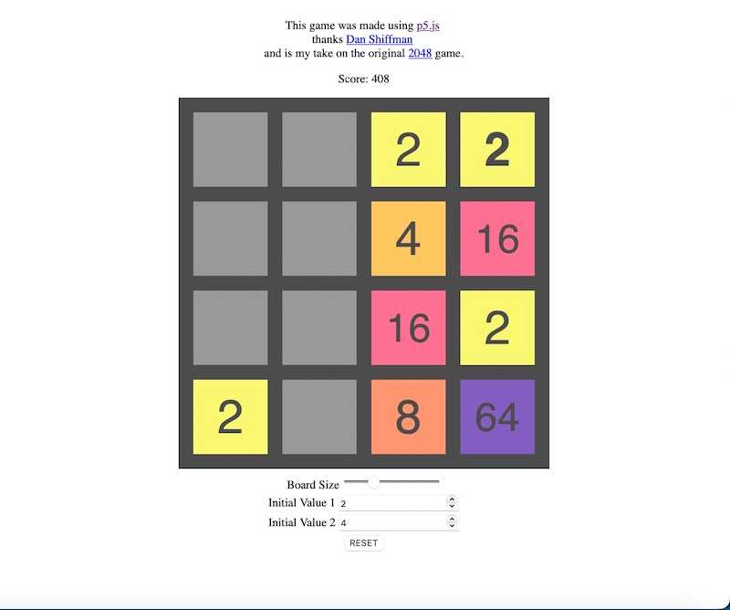 2048 using p5js with animation and settings